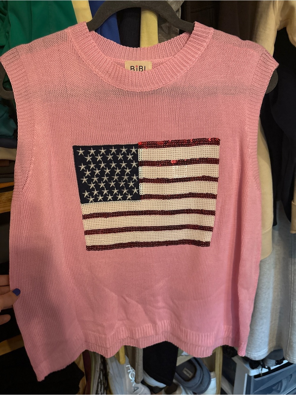 BiBi Pink Sleeveless Knit Top with Sequin American Flag